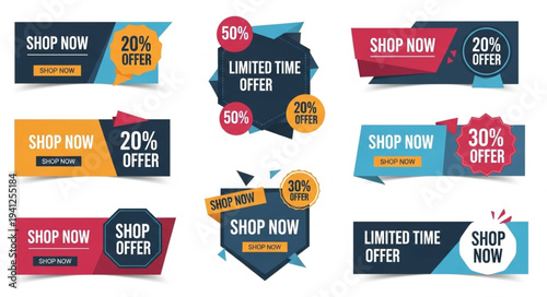 Collection of vibrant sale banners and promotional offers for online shopping.