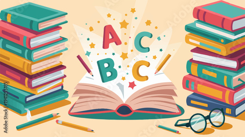 Colorful books stacked with open book and abc letters flying out in education setting with glasses and pencils