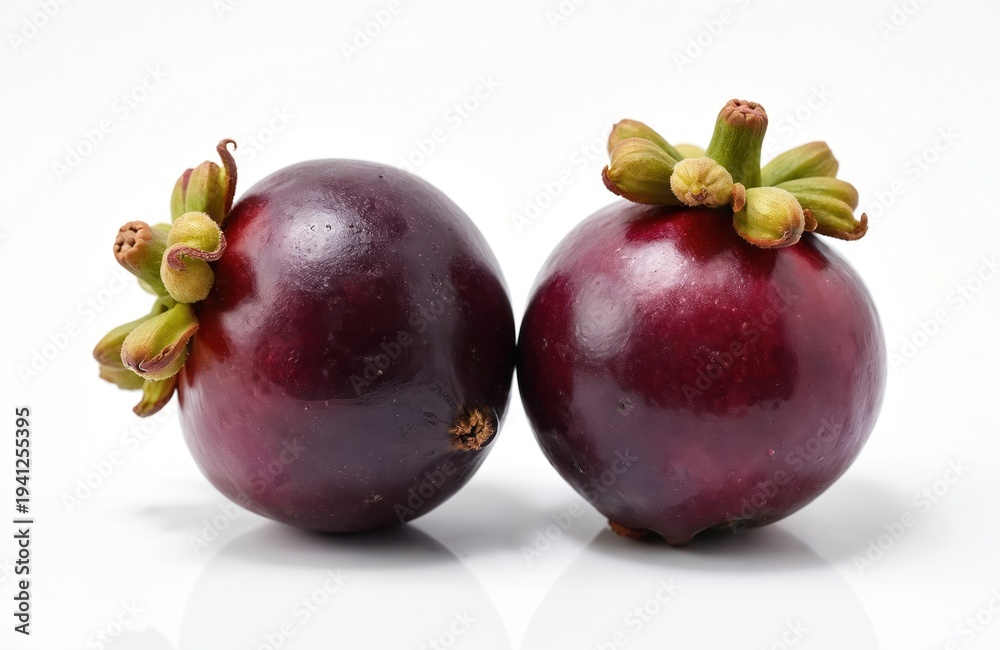Obraz premium Two ripe mangosteen fruits displayed on white backdrop. This exotic fruit offers sweet, juicy segments perfect for healthy eating or tropical recipes. Use for food blogs, health content, or recipes.