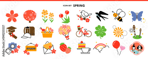  春のカラフルアイコンセット｜花・入学・卒業・さくら・菜の花・うめ｜フラットベクター素材