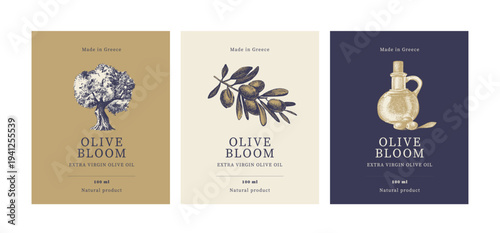 Vintage sketch olive banners. Extra virgin, farm product, Mediterranean cuisine, cosmetic, organic farm, packaging label, bottle sticker, menu design. Hand drawn vector illustration.