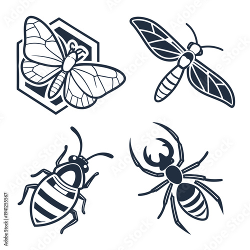 Minimalist Black & White Moth, Wasp, Beetle, Spider Vectors.

