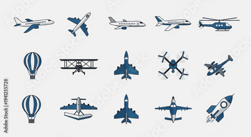 Collection of Various Aircraft and Flying Vehicles in Blue Silhouette.