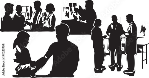 Medical professionals working together in a clinic, doctors examining patients, reviewing x-rays, and consulting, modern healthcare setting, patient care