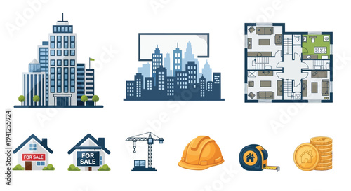 construction building icon set vector