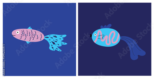 Cartoon fish characters. Cards with cute pink and blue tropical fishes. Decorative marine backdrop for kids design, summer vacation topics. Hand drawn vector illustration on isolated background