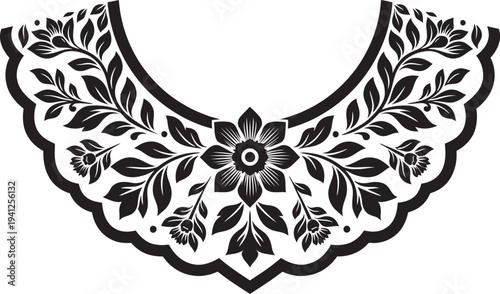 Vintage floral collar design for neckline embroidery with symmetrical flower and leaf patterns vector graphic.