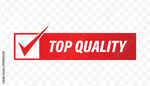 Red top quality checklist flat design label for high-performance products, vetted standards, and retail stickers.