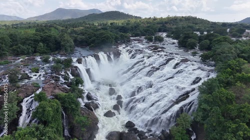 Aerial Slow Motion View of Barachukki Falls on Cauvery River Karnataka India