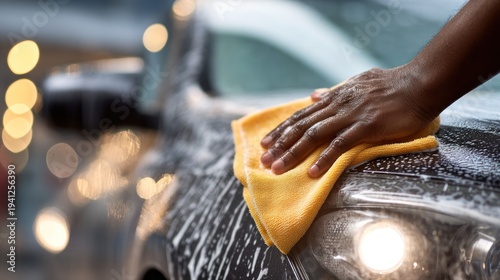 Car washing with yellow cloth closeup