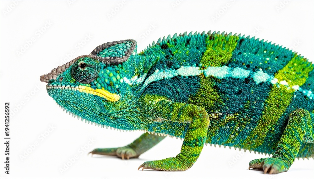 Obraz premium Colorful Chameleon Close-Up on White Background