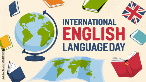 International english language day globe books flags education