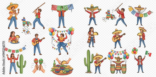 Mexican Fiesta Celebration Elements Set with People, Food, Music, and Decorations for Holiday Festivities.