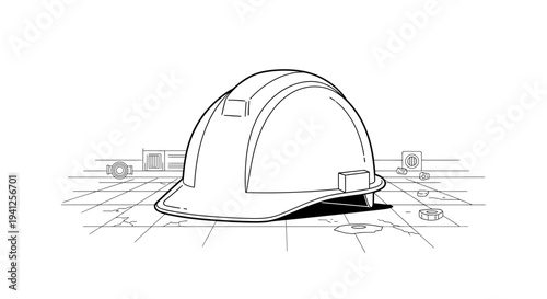 Construction Hard Hat on Blueprint with Tools and Plans