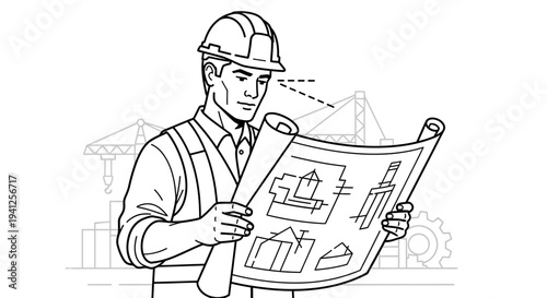 Construction Worker Examining Blueprints with Cranes and Buildings in Background