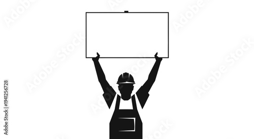 Construction worker holding blank sign board above head, white background, silhouette