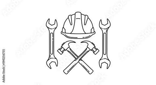 Construction tools and safety helmet line art