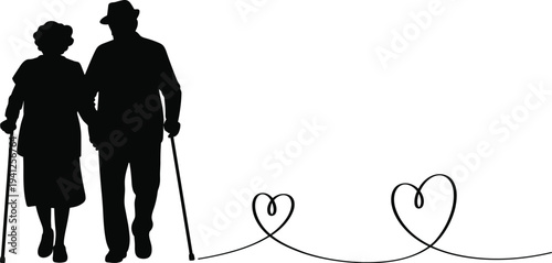 Elderly couple silhouette, walking hand in hand design, love companionship artwork, supportive aging graphic, flat vector
