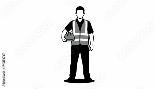 Construction Worker Holding Hard Hat, Safety Vest, Isolated Silhouette