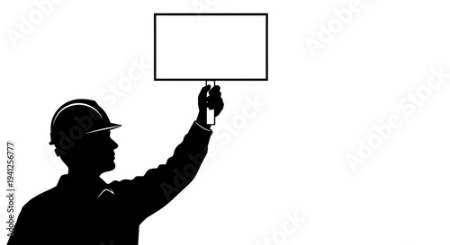 Construction Worker Silhouette Holding Empty Signboard Isolated on White Background