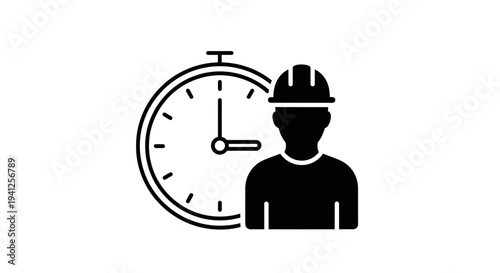 Construction worker silhouette next to clock icon, symbolizing working hours and deadlines