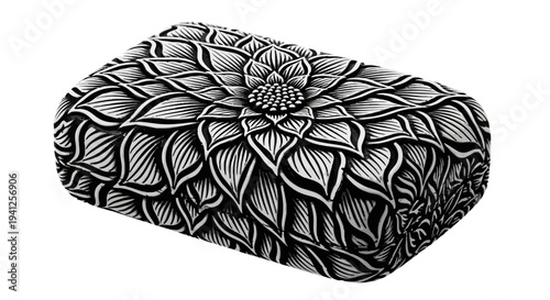 Intricate Floral Carving on Rectangular Box, Black and White Detailed Design