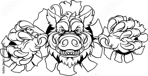 A wild boar, hog razorback warthog pig mean tough cartoon sports mascot