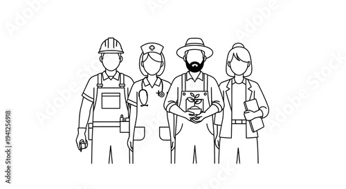 Diverse Professions Line Art: Worker, Nurse, Farmer, Businesswoman