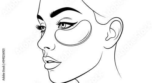 Line Art Woman Face with Under Eye Patches, Skincare Beauty Routine, Minimalist Style