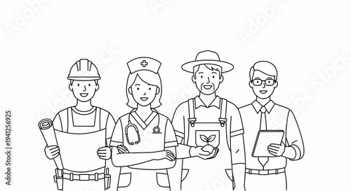 Diverse professions team illustration: construction worker, nurse, farmer, businessman