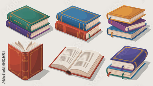 Colorful stack of books in various sizes and orientations on a plain background for education or library concepts
