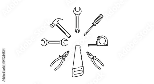 DIY Tools Circle Layout - Hammer, Saw, Wrench, Screwdriver, Pliers, Tape Measure