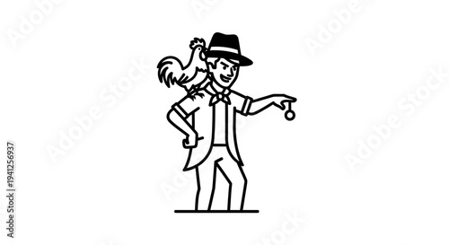 Magician with Rooster on Shoulder Holding Hypnosis Pendulum