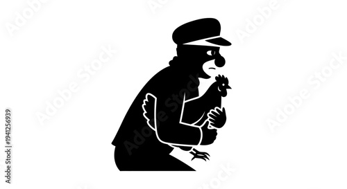 Man in uniform steals a chicken, silhouette, cartoon style, black and white