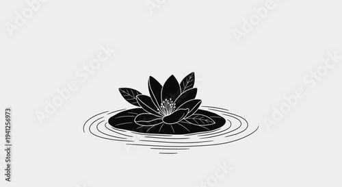 Minimalist Black and White Water Lily on Lily Pad with Ripples