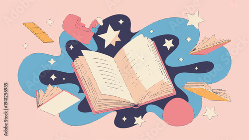 Open book with colorful abstract background and stars symbolizing learning and creativity