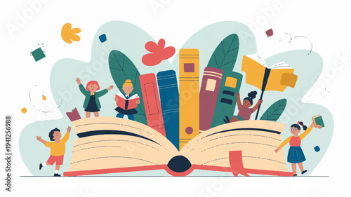 Children playing with books emerging from an open book surrounded by colorful confetti and leaves on white background