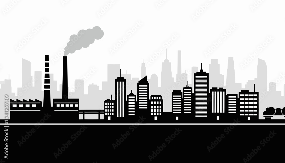 Obraz premium Industrial Cityscape Silhouette with Factory Smoke and Modern Buildings