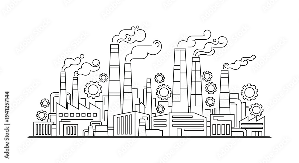 Fototapeta premium Industrial Factory Line Art with Smoke and Gears
