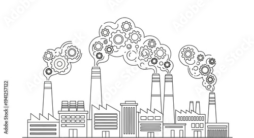 Industrial factory chimneys emitting smoke with gears, pollution concept, sketch style.