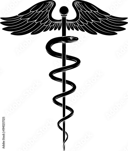 Rod of Asclepius or Aesculapius doctor medical symbol, often mislabelled as a caduceus. Features a snake curled around a staff. In this case also features wings.