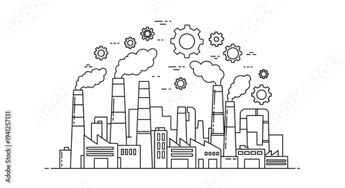 Industrial Factory Line Art Vector Illustration: Smokestacks, Gears, and Buildings
