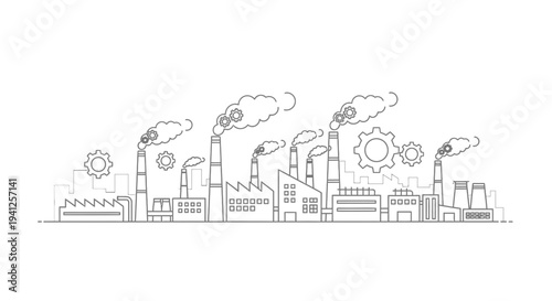 Industrial Factory Skyline with Smoke and Gears - Line Art