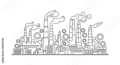 Industrial Factory Line Art with Smoke and Gears