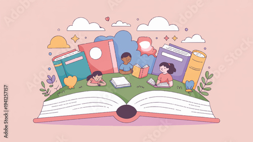 Children reading and playing on an open book with books and plants around sunny outdoor scene