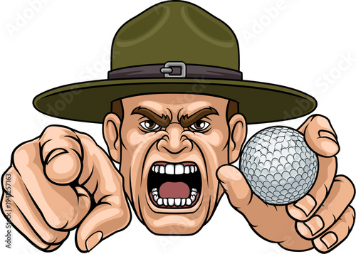 An angry drill instructor or sergeant bootcamp army soldier cartoon character holding golf ball and pointing sports team mascot illustration.