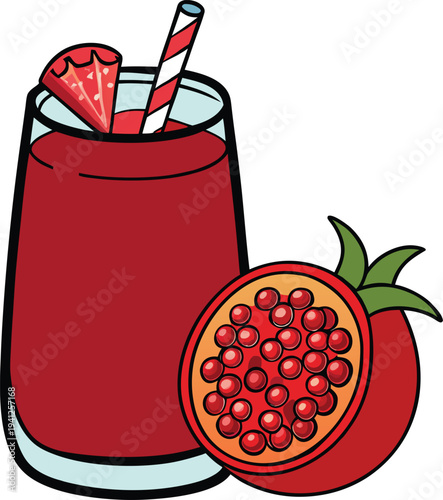 Deep red pomegranate juice in a glass with a pomegranate slice vector illustration EPS PNG file