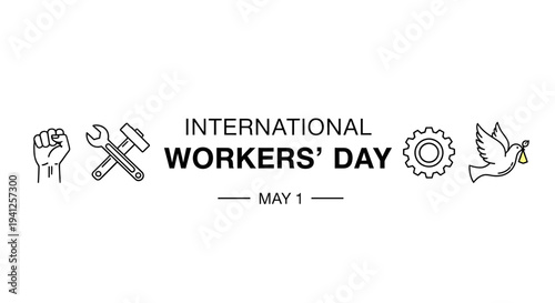 International Workers Day May 1st - Fist, Wrench, Gear, Dove Icons