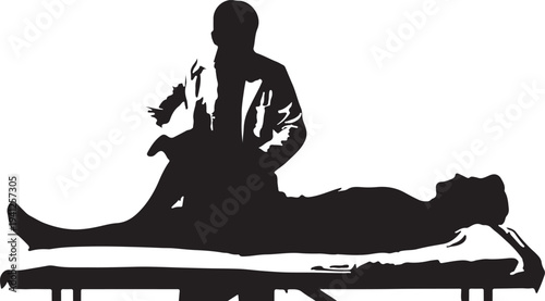 A black silhouette of a female doctor or nurse standing at a desk while examining a seated male patient using various medical tools.