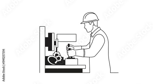 Male worker in hard hat operating industrial machinery with gears, line art illustration.